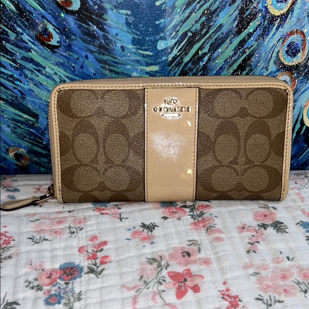 Coach Signature Brown and Cream Coated Canvas Lon Zip Around Wallet